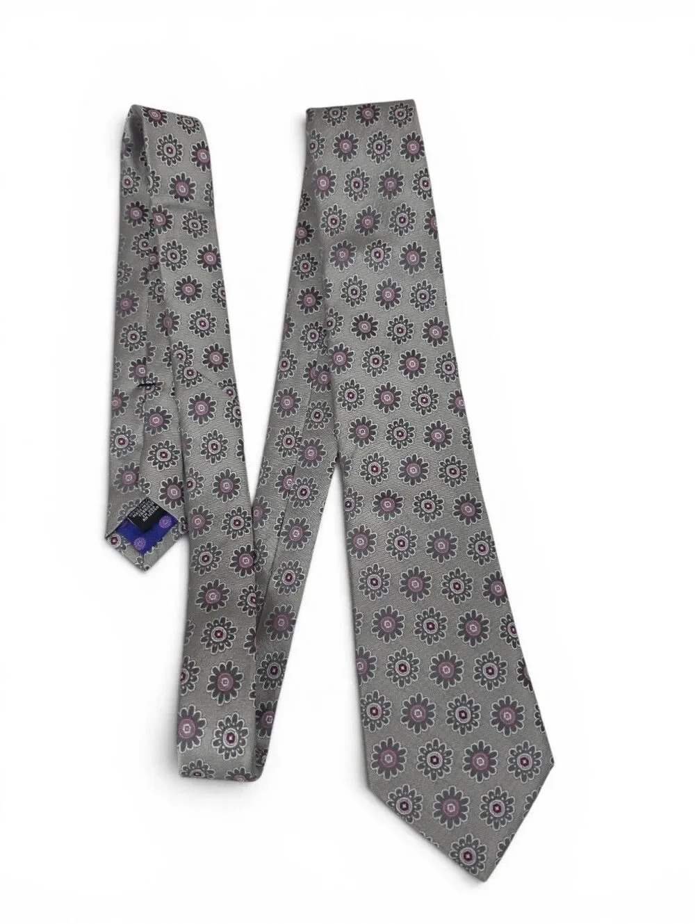 Ted Baker Silk Silver Grey Tie with Pinkish Purple Floral Medallions NEW Necktie